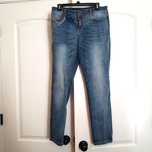 INC straight leg jeans sz 8. Light Blue with distressed look.
